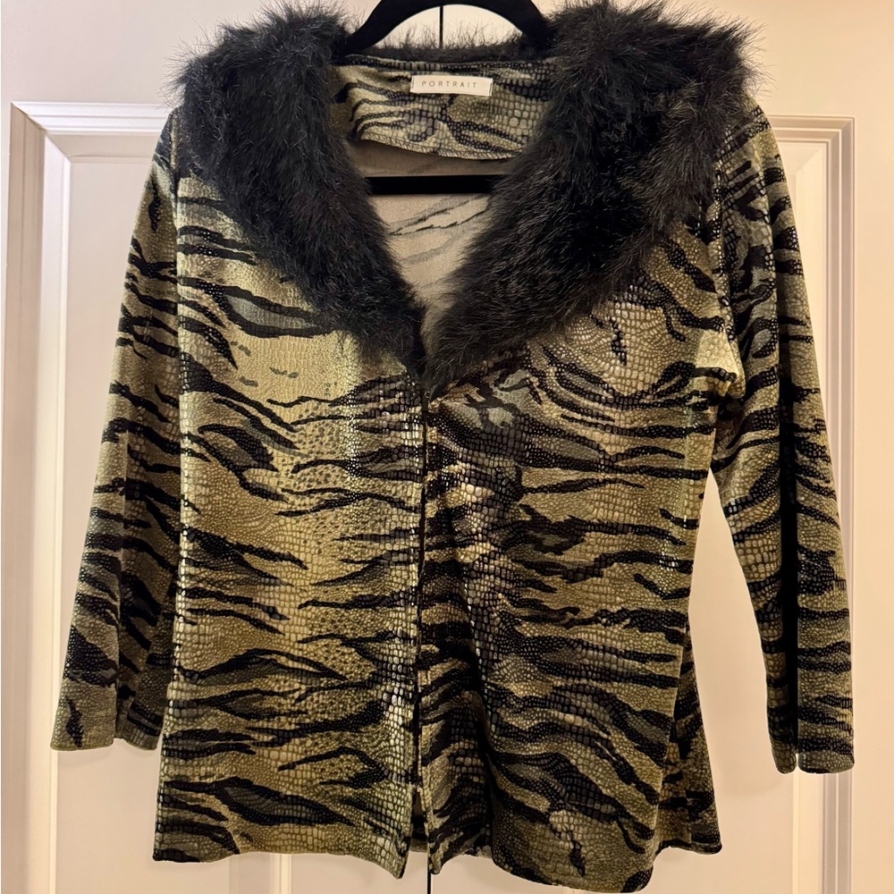 Portrait Green & Black Animal Print Blouse-Jacket with Faux Fur Collar